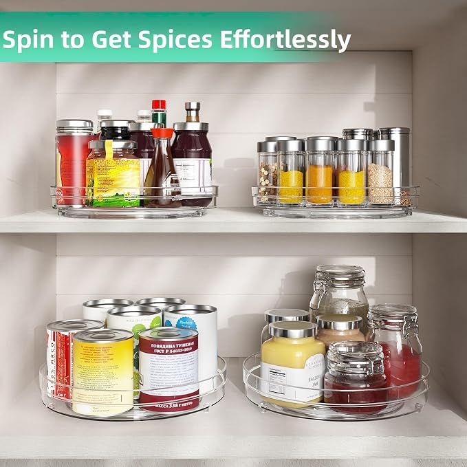 Optish 4 Pack 9.5" Lazy Susan Organizer, Lazy Susan Turntable for Cabinet, Spice Organization for Cabinet, Refrigerator, Pantry, Closet, Countertop, Non-Skid Turntable Organizer, Clear
