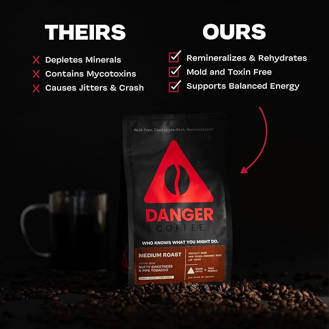 Danger Coffee by Dave Asprey, Remineralized, Mold Free & Lab Tested Ground Healthy Coffee, Medium Roast, 10.9 Ounce