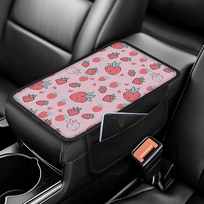 Dreaweet Strawberry Car Accessories Center Console Cover Cute Car Armrest Box Pad for Women Girly,Armrest Cover Protector for Vehicle SUV Truck Car Console Covers with Pockets