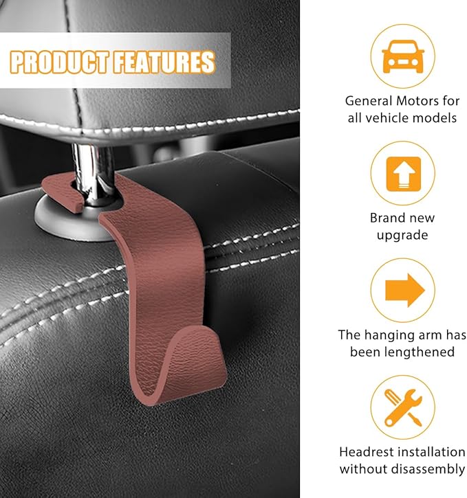 HZEL Car Seat Headrest Hook, 4PCS Vehicle Back Seat Hanger Hook for Purse Coat Umbrella, Multifunctional Auto Interior Storage Organizer Accessories, Universal for SUV RV Truck (Brown)