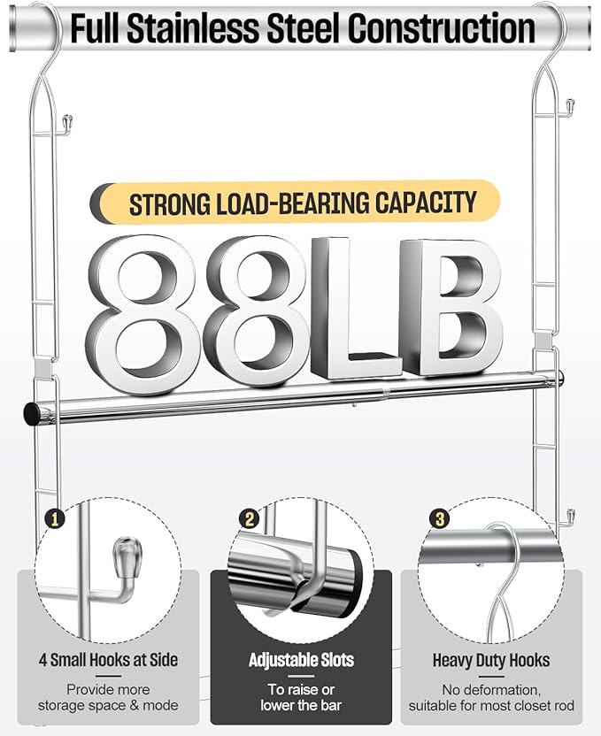 Supforce Hanging Closet Rod Stainless Steel, 2 Pack Adjustable Height & Width Closet Rod Extender, Space-Saving Closet Hanging Storage Organizer，Load up to 88LB