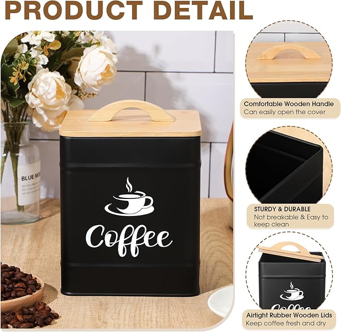 Maxdot 40 oz Black Airtight Coffee Canister Large Iron Farmhouse Container with Wooden Bamboo Lid Tea Storage Kitchen Countertop Container for Coffee Grounds Beans Pods