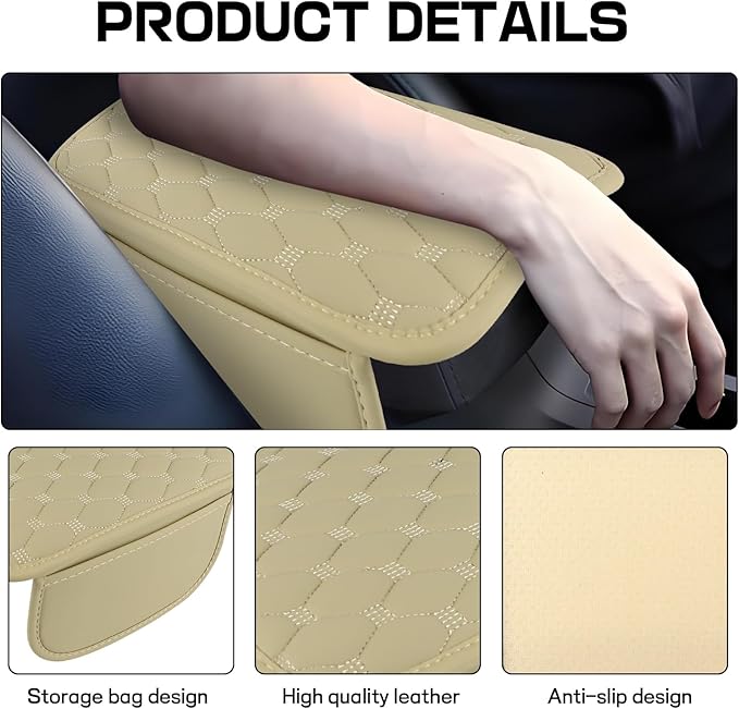 Car Center Console Cover, Leather Auto Armrest Cover Protector, Waterproof Armrest Center Console Pad with 2 Storage Bags, Universal Armrest Seat Box Pad for Vehicle SUV Truck (Beige)