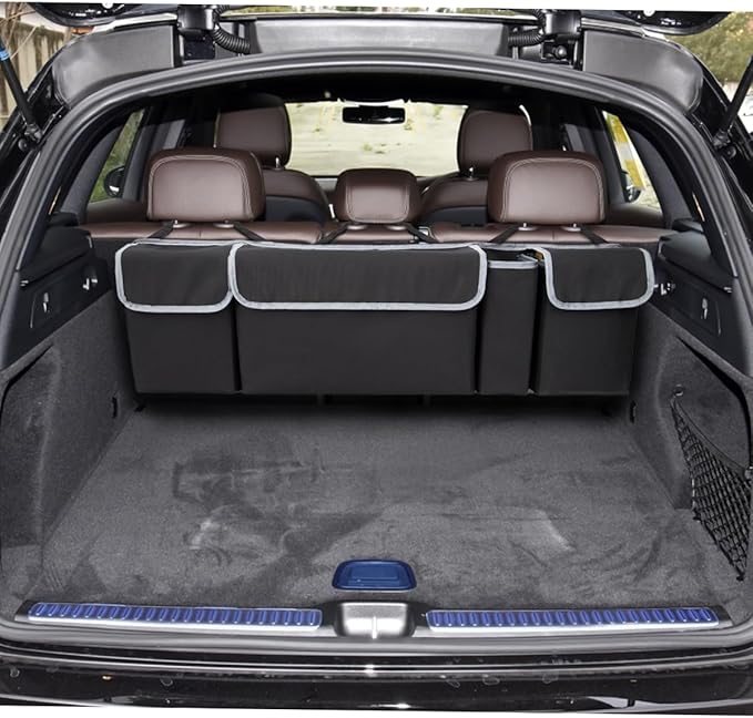 Car Trunk Organizer with Lid, Backseat Hanging Storage Bag with 4 Pockets & 3 Adjustable Straps, Waterproof PVC Collapsible Cargo Bag, Car Interior Accessories for Auto SUV MPV