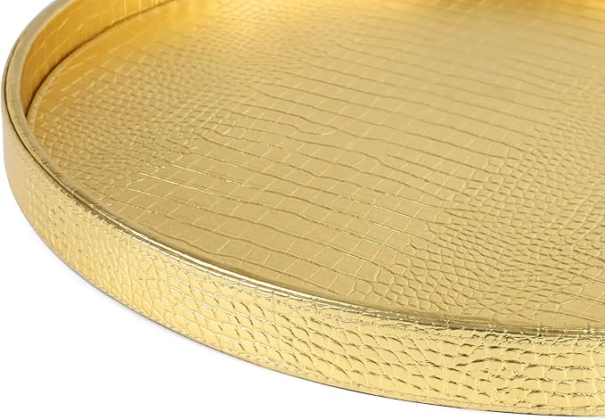 HofferRuffer Round Serving Tray 20'', Elegant Faux Leather Circle Ottoman Table Tray, Serve Tea Coffee Breakfast in Bedroom Living Room Kitchen (Gold, 20")