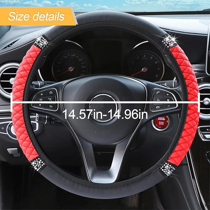 Bling Soft Leather Steering Wheel Cover, 15 Inch Colorful Rhinestones Auto Elastic Steering Wheel Protector, Sparkly Crystal Diamond for Women Girls, Car Accessories for Most Cars (Red)