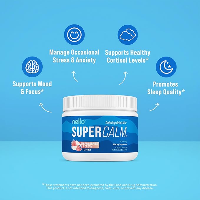 Nello Supercalm Powdered Drink Mix Tub, Cortisol Reducer* and Sleep Aid Supplement, L Theanine, Ksm-66 Ashwagandha, Magnesium Glycinate, Vitamin D 3, No Sugar, Non GMO, 30 Ct, Strawberries & Cream