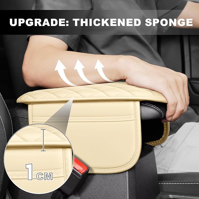 Upgraded Car Center Console Cover Fit for Venza Faux Leather Car Armrest Cover Cushion with 2 Storage Bags,Car Armrest Storage Box Interior Accessories(Beige&Whiteline)