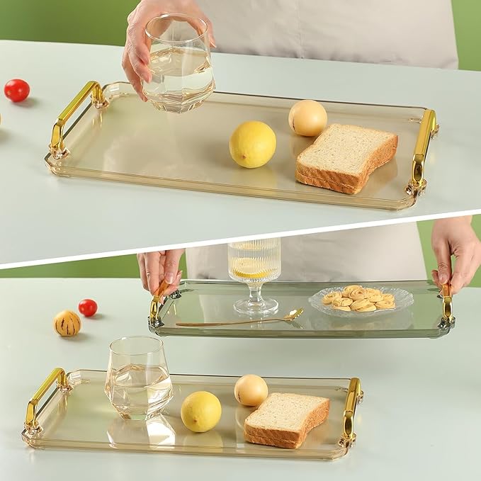 Acrylic Serving Tray with Handles, 16x9 Inch Ottoman Tray, Spill-Proof Coffee Table Tray for Couch, Bedroom & Countertop Decor (Green)