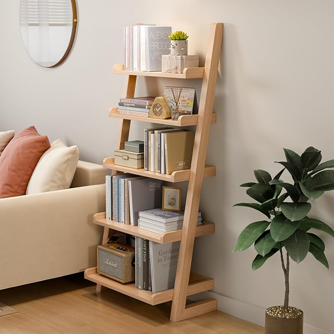 AQIMUELE Wooden Ladder Shelf with Edges, 5-Tier Modern Leaning Bookshelf Ladder – Stylish Space-Saving Bookcase for Living Room, Bedroom & Home Office