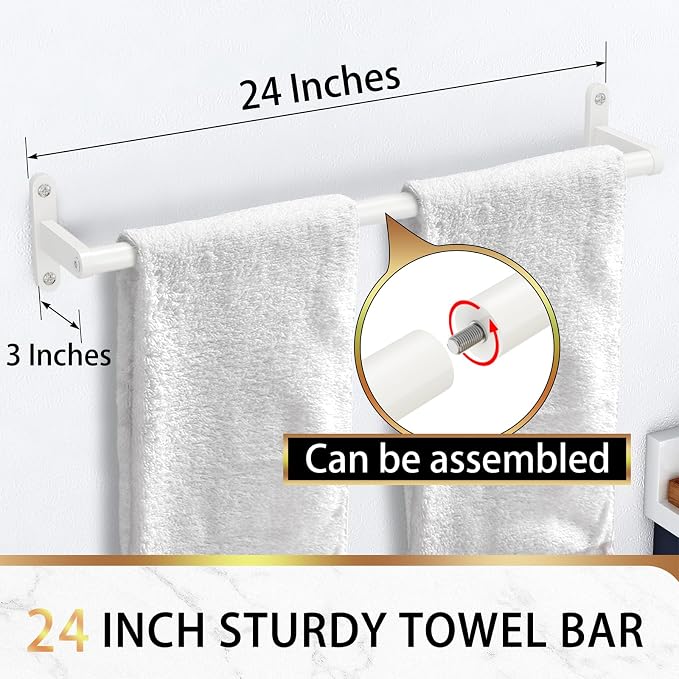 KLJKPA White 24 Inch Bathroom Towel Bar, Towel Racks for Bathroom Wall Mounted Hanging Bath Towels, Stainless Steel Single Towel Rod Holder