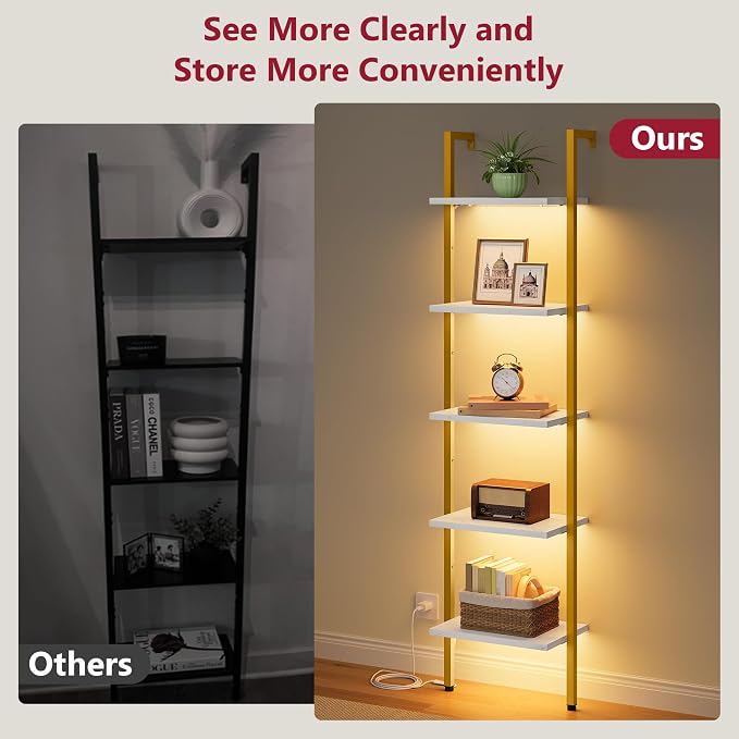 Tajsoon 5 Tier Ladder Shelf with Light, Wooden Wall Mounted Book Shelf, Wall Mounted Ladder Bookshelf with Metal Frame, Industrial Ladder Bookshelf for Office, Living Room, Bedroom, Gold & White