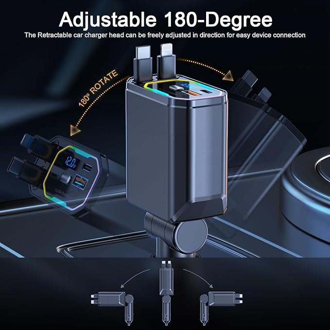 Retractable Car Charger, 146W 4 in 1 (PD 65W) for iPhone 16 Car Charger Fast Charging, 30W for iPhone Car Charger Fast Charging, RGB Light, Car Charger Adapter for iPhone 16 15 14 13 12,Samsung