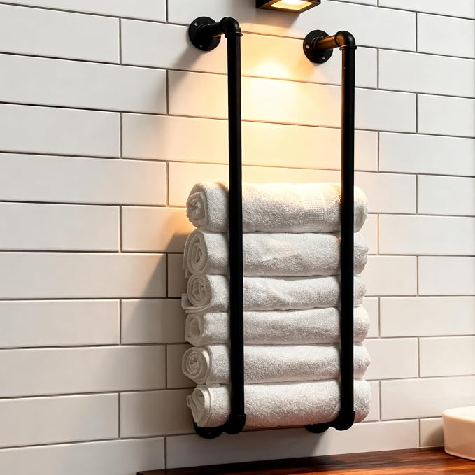 Towel Racks for Bathroom Wall Mounted 36 Inch,Industrial Pipe Storage Organizer Towel Holder(Black)