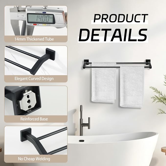 Alise Double Towel Bar, 24 Inch Towel Rack for Bathroom Wall Mounted, SUS304 Stainless Steel Bathroom Towel Holder Joining Process Towel Rail for Bathroom,Matte Black