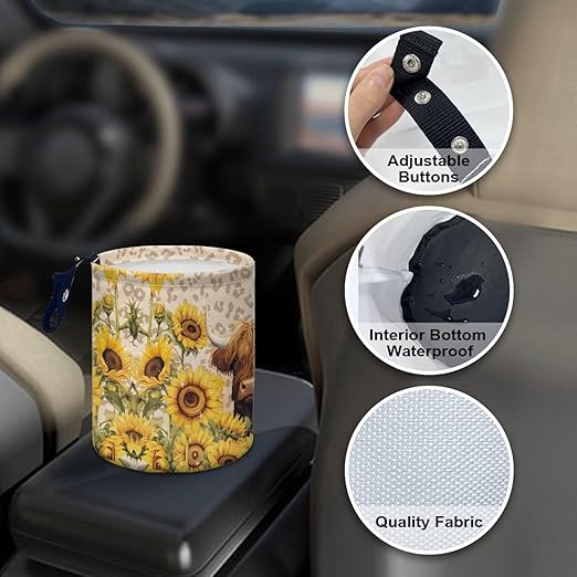 Sunflower Highland Cattle Mini Car Trash Bin Car Garbage Can, Storage Bag Waterproof Multipurpose Vechile Organizer Car Accessories for Women Interior