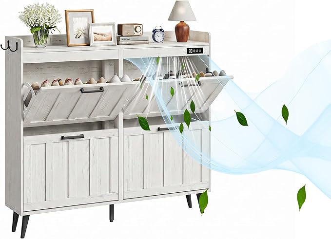 ChooChoo Shoe Storage Cabinet with 4 Flip Drawers, Deodorizing Shoe Organizer Storage for Entryway, Freestanding Hidden Slim Narrow Shoe Rack Cabinet, Antique White