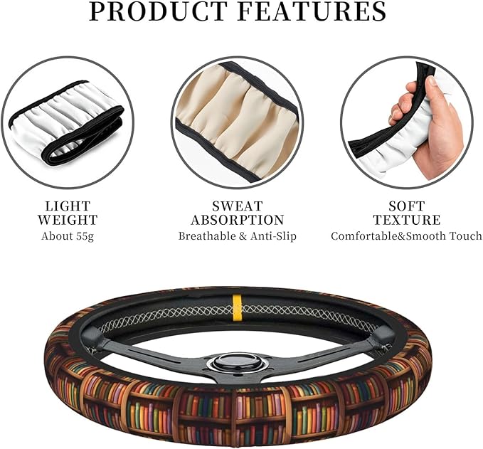 Neoprene Steering Wheel Cover Vintage Library Bookshelf Car Steering Wheel Cover Universal Fit for Most Cars