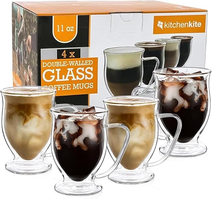 Double Wall Glass Coffee Mugs 11oz Set of 4, Insulated Borosilicate Glass Coffee Cups with Handle - Dishwasher & Microwave Safe Clear Mugs for Cappuccino, Latte, Espresso, Tea