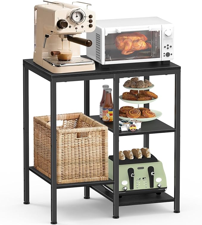 Kitchen Microwave Stand,4-Tier Adjustable Bakers Rack, Microwave Cart with Storage, Small Coffee Bar Table Appliance Shelf for Living Room,Office (Coal-Black)