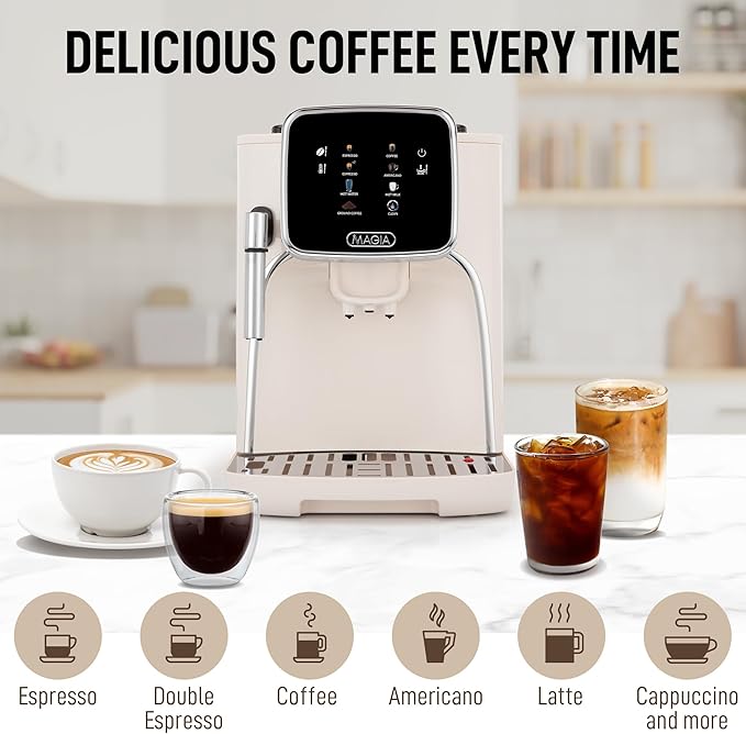 Zulay Kitchen Magia Clasica Automatic Espresso Machine with Built-In Grinder, Touch Panel Coffee Maker, Steam Wand Milk Frother, Adjustable Strength, Self-Cleaning, Cream & Silver