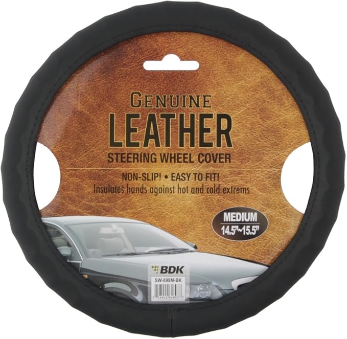 BDK Genuine Leather Ergonomic Non-Slip Grip Car Steering Wheel Cover Standard Size 14.5 to 15 inch