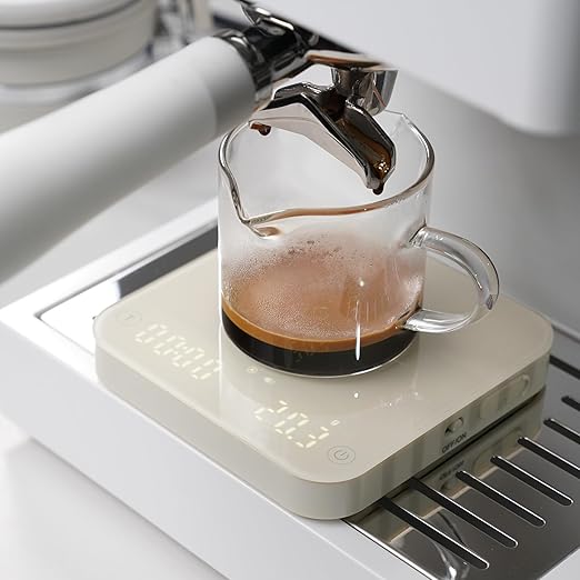 ShanSon Mini Coffee Scale with Timer,0.1g High Precision Espresso Scale,2kg/0.1g Digital Kitchen Scale with Flow Rate,USB-C Rechargeable,Waterproof Surface,Auto Timer for Pour Over & Espresso,Beige
