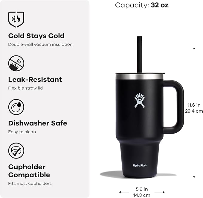 Hydro Flask Travel Tumbler with Handle, Lid and Straw - Insulated Stainless Steel in 32 Oz Reef Pink