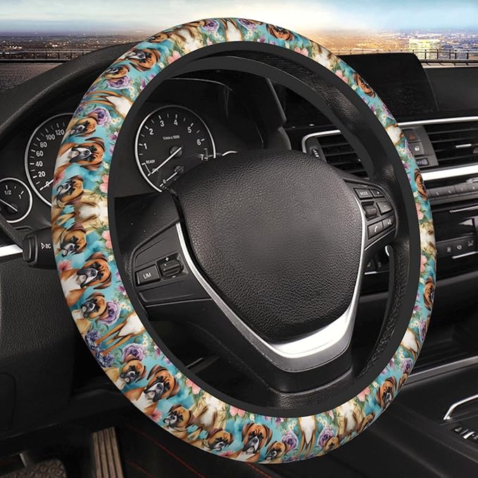 Boxer Dog Florals Mint Flowers Neoprene Steering Wheel Covers Women Men Car Accessories, Universal 15 Inch Fit Auto, Suvs, Truck