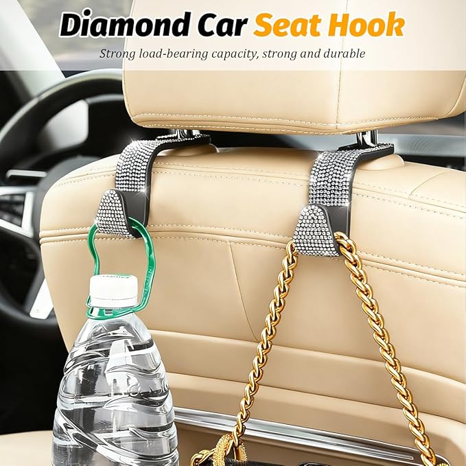 HZEL Bling Car Seat Headrest Hooks, 4PCS Crystal Rhinestone Vehicle Seat Back Hanger Holder for Purses Bag Handbags, Diamond Headrest Storage Organizer, Universal Auto Accessories (AB White)