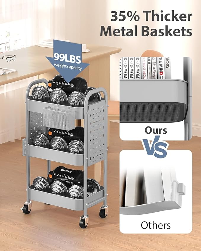 ALVOROG 3 Tier Rolling Cart with DIY Pegboards Metal Utility Cart with Wheels Handles Baskets Hooks, Craft Cart for Office Kitchen Bathroom(Light Gray)