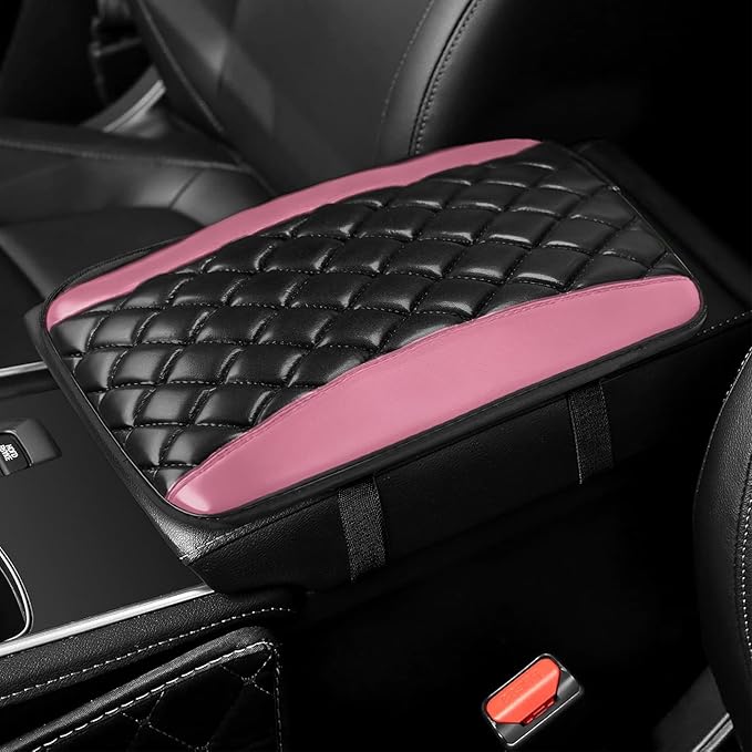 Car Center Console Cover, Leather Waterproof Armrest Seat Box Cushion Pad, Universal Decor Protector Mat, Comfortable Car Decor Accessories Fit for Most Cars, Vehicles, SUVs (Pink)