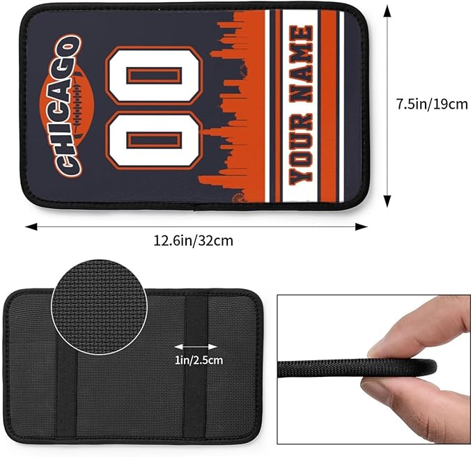 Custom Chicago Car Armrest Covers Personalized Football Style with Name Number Customized Auto Center Console Pad Car Handrail Box Cushion for Most Vehicle Decor Accessories, Fans Gift