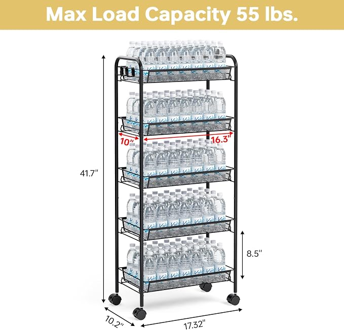 TOOLF 5-Tier Metal Utility Cart with 3 Hooks, Easy Assemble Mobile Storage Trolley On Wheels, Metal Shelving Units Kitchen Bathroom Laundry Room