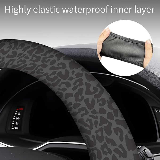 Steering Wheel Covers for Car, Truck, and SUV, Cute Non-Slip Breathable Elastic Steering Wheel, Car Accessories, Universal 15 Inch Leather Cover for Men Women Black Leopard
