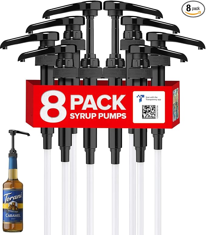 8-Pack Black Coffee Syrup Pump Dispenser – Fits 750ml Syrup Bottles – Reusable Pump for Flavored Coffee, Tea, Beverages