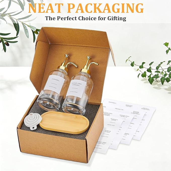 Coffee Syrup Dispenser, Coffee Bar Accessories 16.9 oz 500 ml - 2 Pack Glass Bottles with Pumps and Labels for Cafe or Home Bar, Kitchen(Gold Pump)