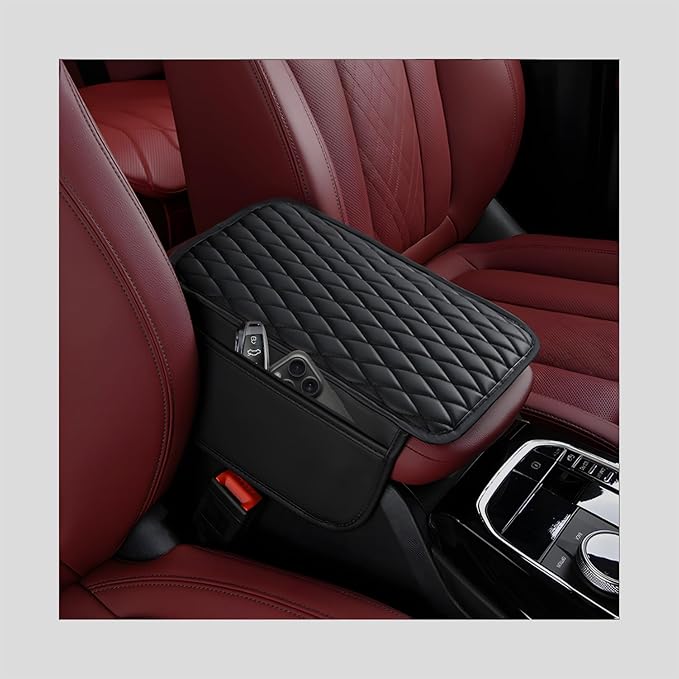 Car Center Console Cover, Waterproof Leather Arm Rest Cushion Pad with 2 Storage Bags, Anti-Scratch Armrest Seat Box Protector Interior Accessories for Most Vehicles (Black)