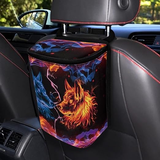 DISNIMO Blue Flame Wolf Car Trash Can, Car Trash Bag Hanging Large Capacity Car Organizer and Storage with Adjustable Straps, Leakproof Trash Bin Interior Car Stuff Storage