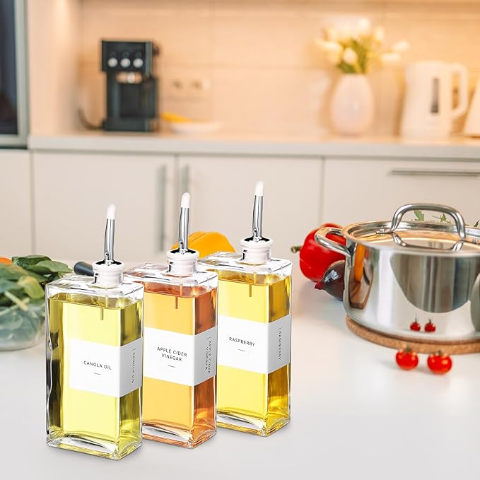 10 Sets Olive Oil Dispenser Bottles for Kitchen with Nozzles Funnel Labels Cooking Oil Dispenser 500ml Set for Kitchen Vinegar Coffee Syrup (Silver)
