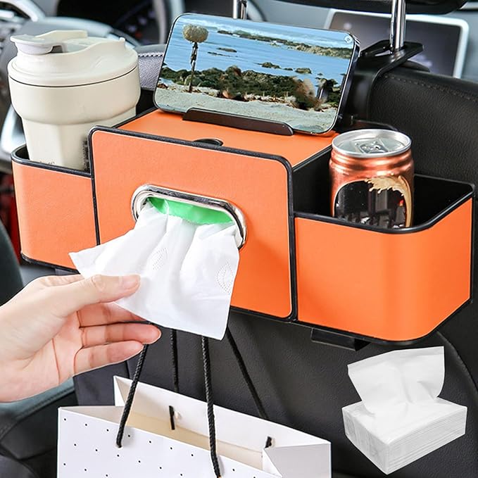 3-in-1 Car Backseat Organizer for SUV & Sedan - Multi-Functional Storage with Cup Holder, Tissue Box & Trash Bag | Includes 1 Pack of 100 Tissues | Holds Phone, Snacks, Drinks (Orange)