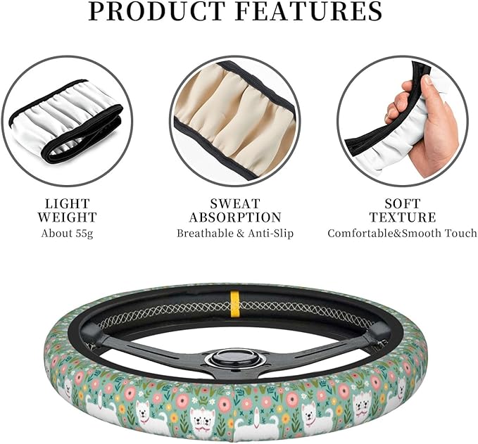 Westie Florals Cute Dog Universal Fit Steering Wheel Cover for Car, Truck, and SUV, Durable Steering Wheel Protection