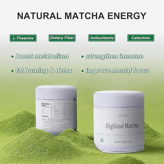 Letstay Matcha, Matcha Powder Ceremonial Grade Highland Matcha Tea Organic Matcha Green Tea - Premium 1st Harvest - Zero Sugar, Halal Certified & SGS Certified & FSSC 22000, 30g (1.06oz) Tin