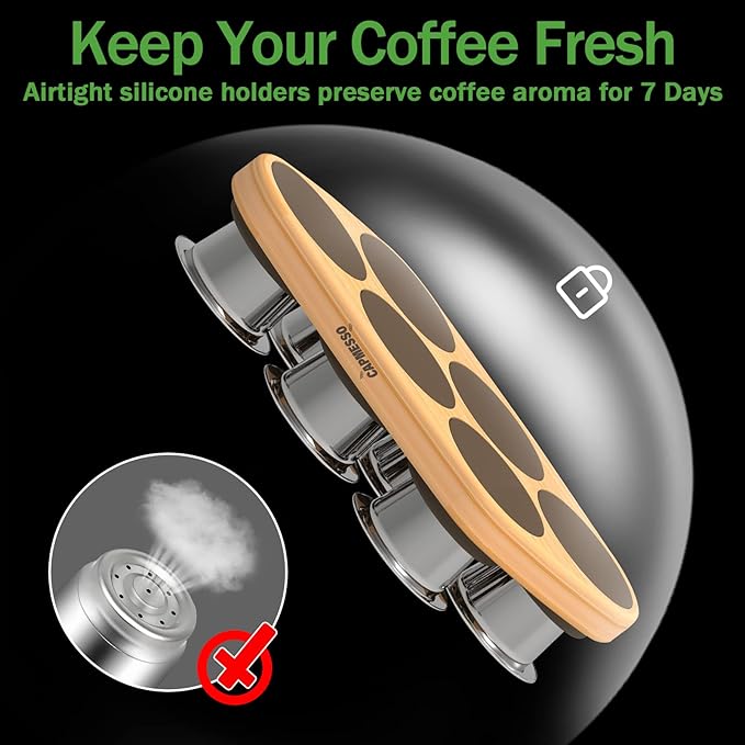 CAPMESSO Reusable Capsules for Nespresso OriginalLine, 6pcs Refillable Pods - Stainless Steel Coffee Pods Compatible with Nespresso OriginalLine Machine (6 Pods + 100 Lids + Wood Storage Tray)
