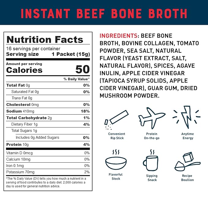 Bare Bones Beef Bone Broth Instant Powdered Mix Packets | 5g Collagen | 10g Protein | Keto & Paleo Friendly | No Artificial Flavors | Rich Savory on-the-go 16 Pack