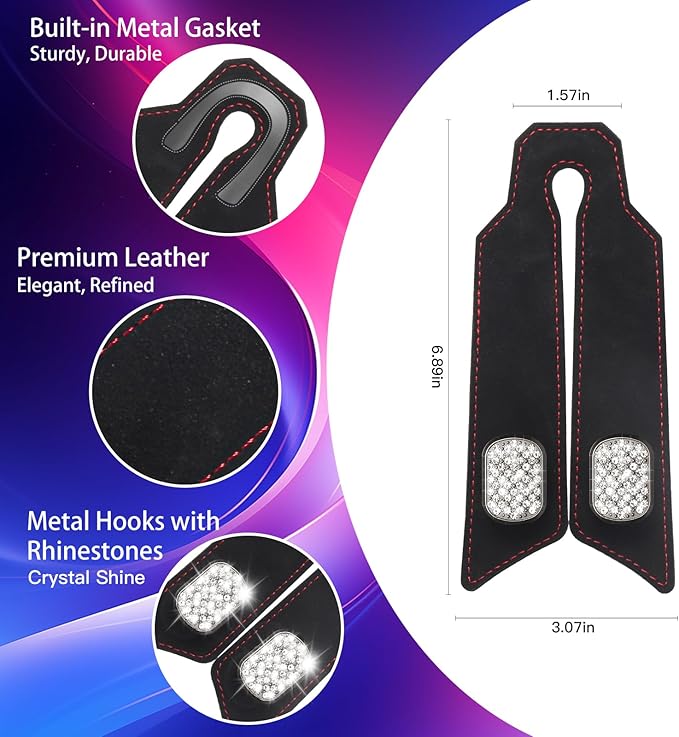 2Pcs Car Headrest Hooks with Sparkling Rhinestones & Premium Leather, Upgraded Double Metal Purse Holders, Anti-Drop Design, Back Seat Organizer for Bags, Coats, Groceries (Crystal Black)