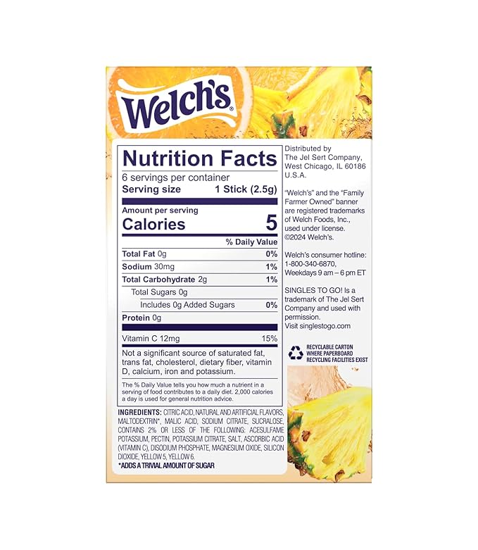 Welchs Orange Pineapple Drink Mix - Pack of 3-6 Singles To Go - 18 Total Servings - Zero Sugar, Low Calorie