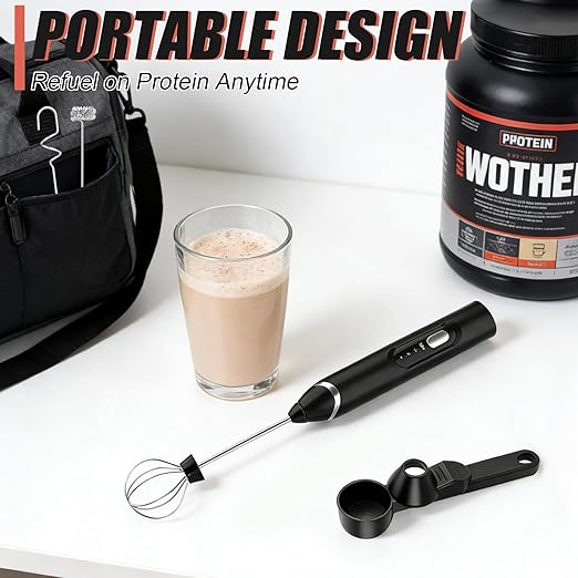 Mity Rain 4-in-1 Frother for Protein Powder, Adjustable-Waterproof, Protein Powder Scoop Funnel Set, Detachable Rechargeable Protein Mixer Wand for Coffee, Matcha, Milk, and Drinks (New Black)