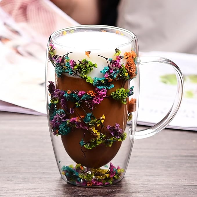15.22oz, Double Wall Borosilicate Glass Coffee Mug with Heat-Resistant Handle, Insulated Flower Tea Cup, Multi-Color Options (pink,15.22oz)