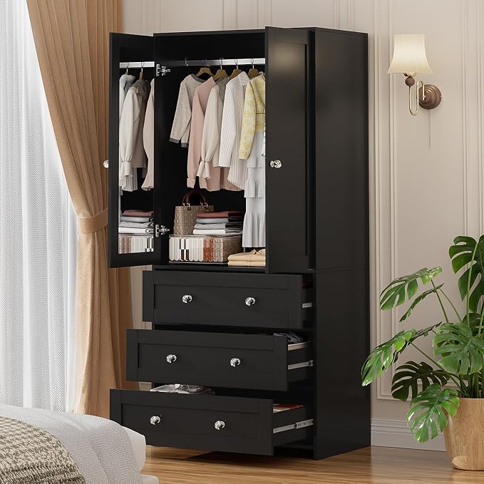 VOWNER Armoire Wardrobe Closet with Drawers and Mirror, 71" Clothing Storage Cabinet with Hanging Rod, 2 Doors Wooden Wardrobe Cabinet for Bedroom, Large Capacity Storage